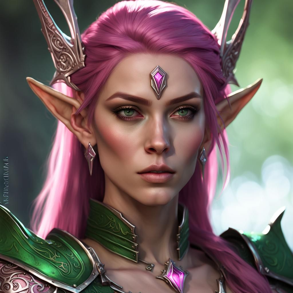 High Elf with Pink Hair in Dark Fantasy Style