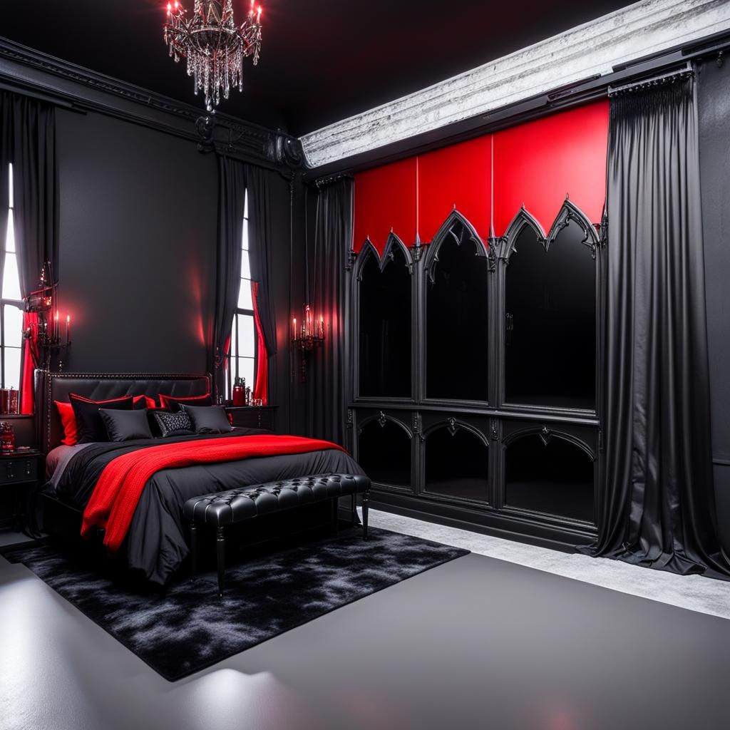 Gothic Dark fantasy loft Apartment with black and red walls& ethereal gothic windows& lots of lights& fully functional l...