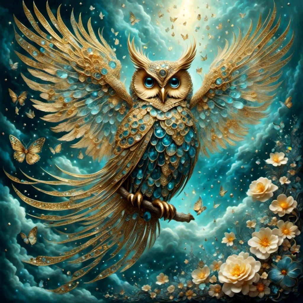 Crystal Owl in Water Dress with Golden Notes