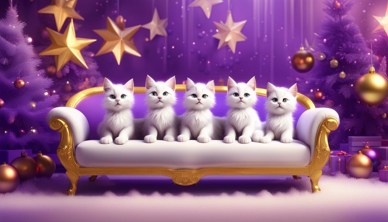 White fluffy 3 kittens baroque gold couch purple metallic snowflakes christmas trees gold stars icicles Pixar Disney, co...