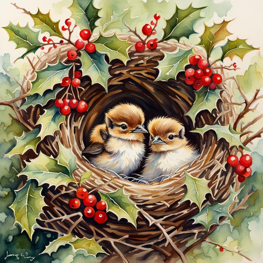 Watercolor Baby Animals Snuggling in Christmas Nest