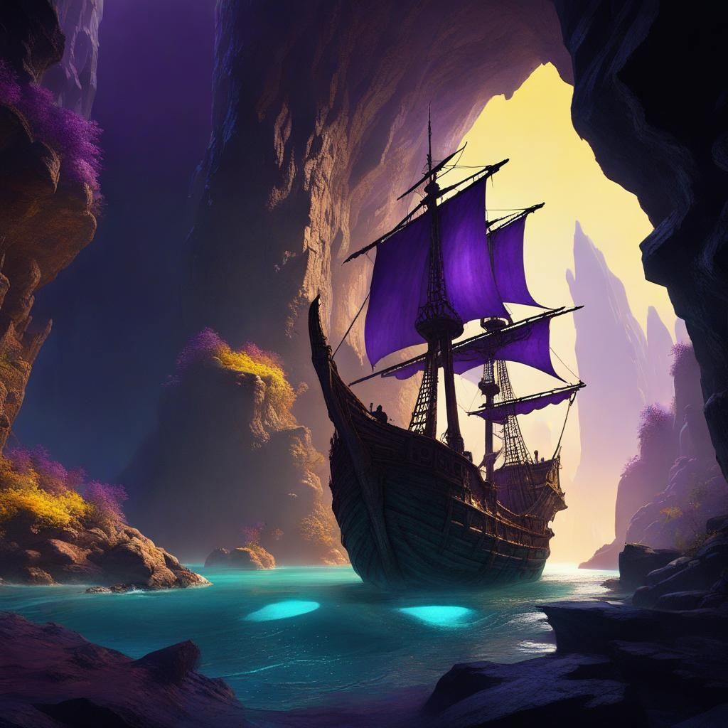 Pirate Ship in Mountain Cave: Dark Fantasy Art