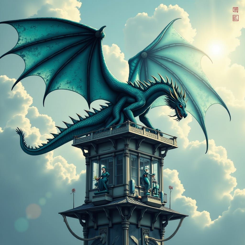 Teal and Black Dragon with Steel Scales in Digital Matte Pai...