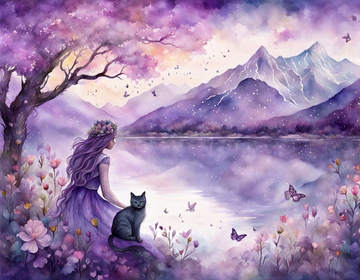 Purple Fairy and Cat in Watercolor Dreamscape