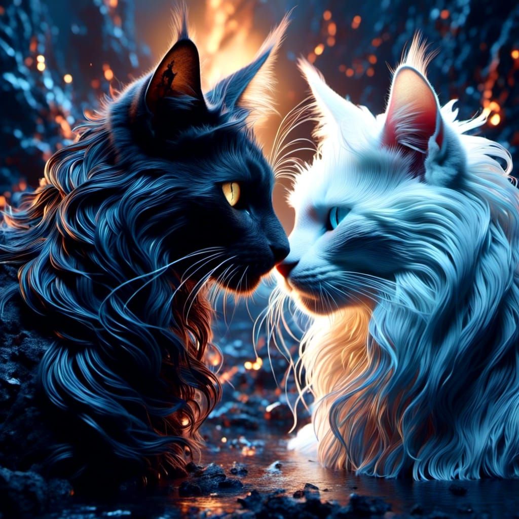 Yin Yang Mainecoon Cat Unicorns in Airbrush Art