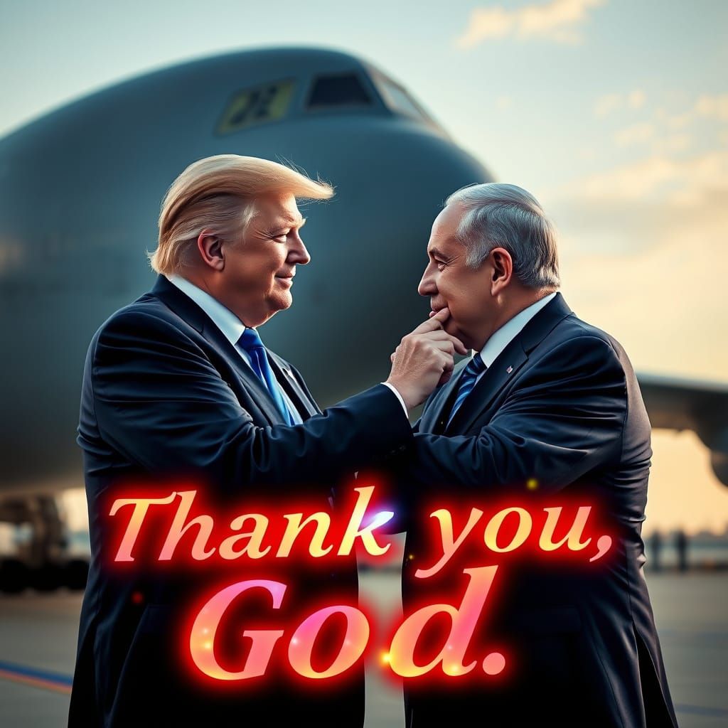 A beautiful picture showing President Trump and Benjamin Netanyahu together in a warm embrace against the backdrop of a ...