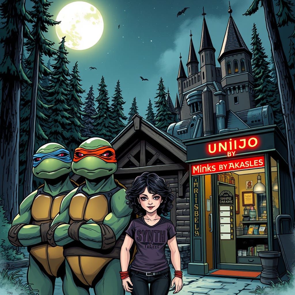 Ninja Turtles in Cyberpunk Cabin Scene