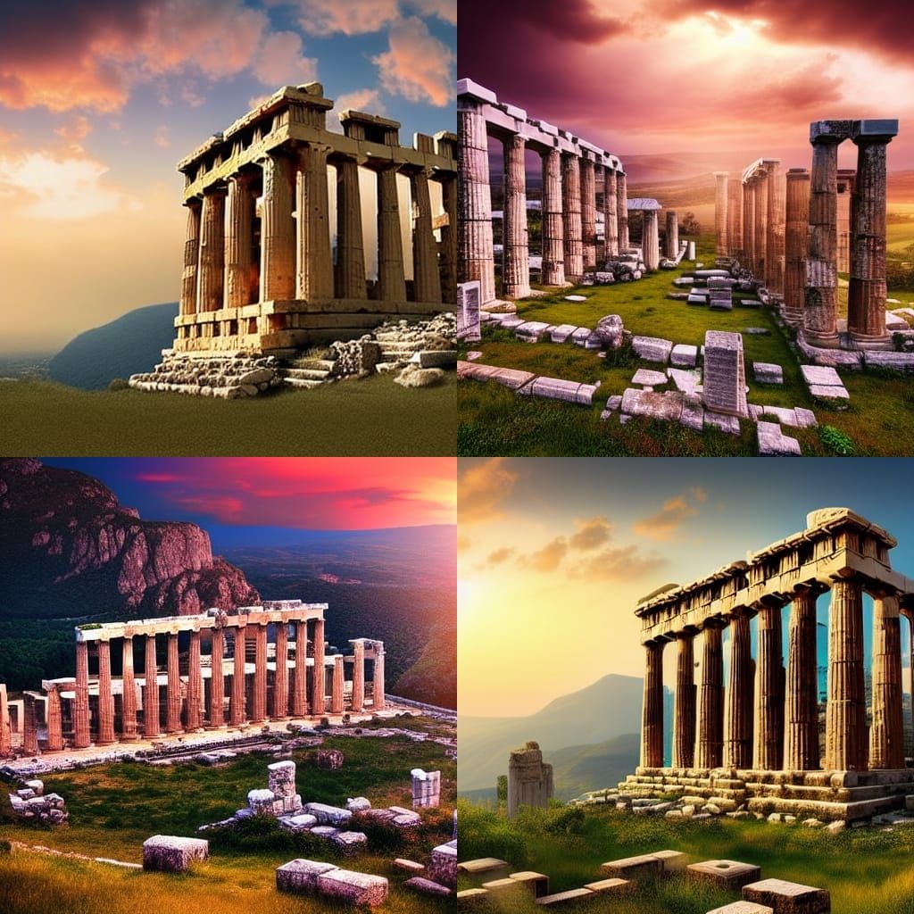 Dystopian Ancient Greek Temple Ruins at Sunset
