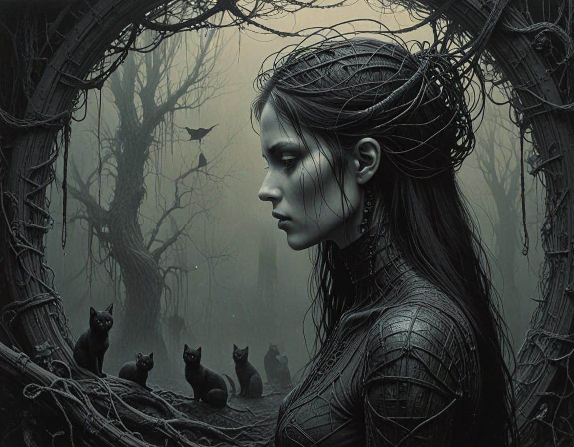 Ethereal Gothic Dreamscape with Staring Cats and Girls