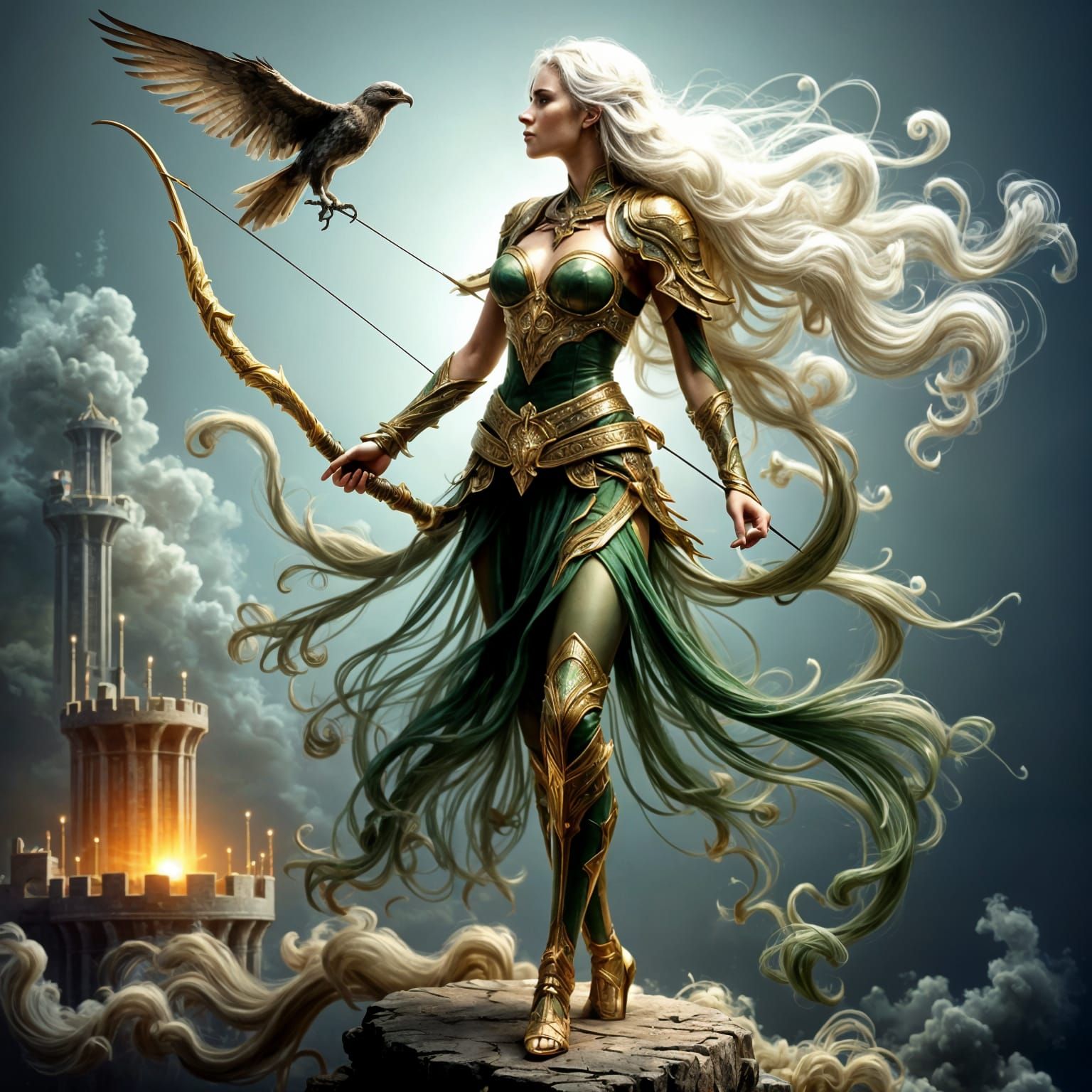 Elven Archer on Ramparts in Magic Card Art Style