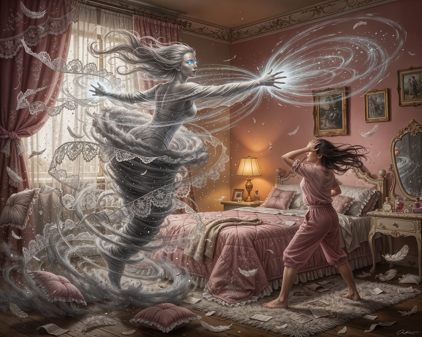 Ghostly Tornado Elemental Visits Woman in Pink Bedroom