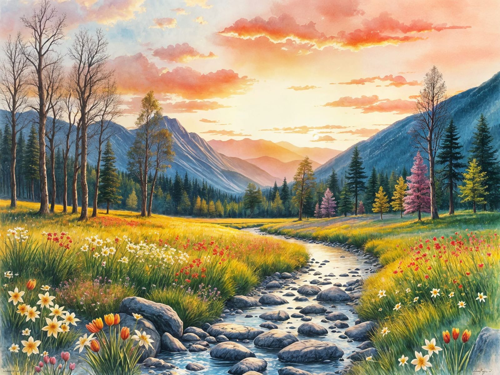 Vibrant Spring Landscape in Watercolor