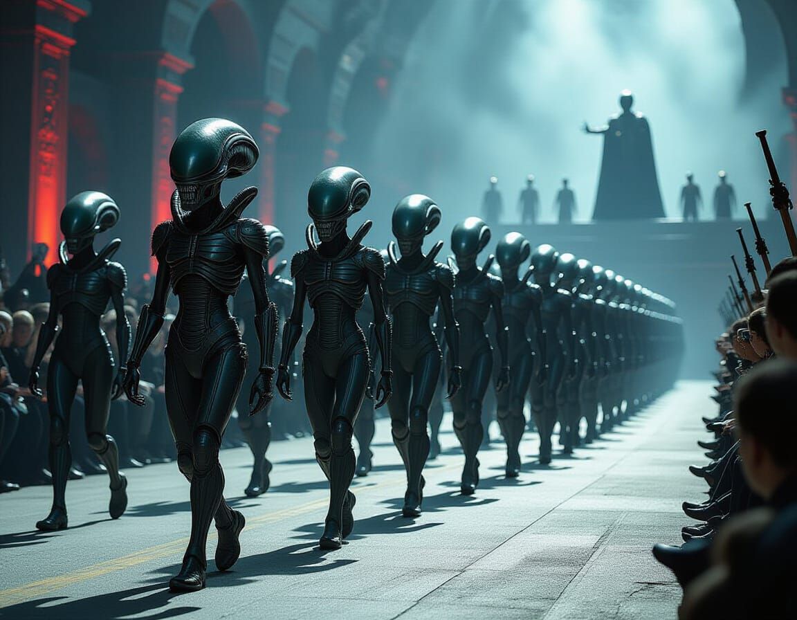 Alien Military Parade in Dark Sci-Fi Concept Art Style