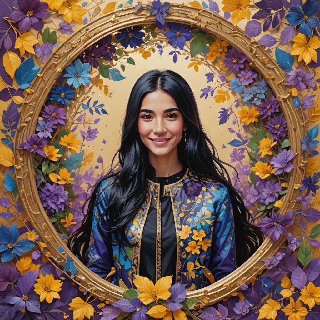 Mediterranean Woman Portrait with Floral Frame, Digital Art