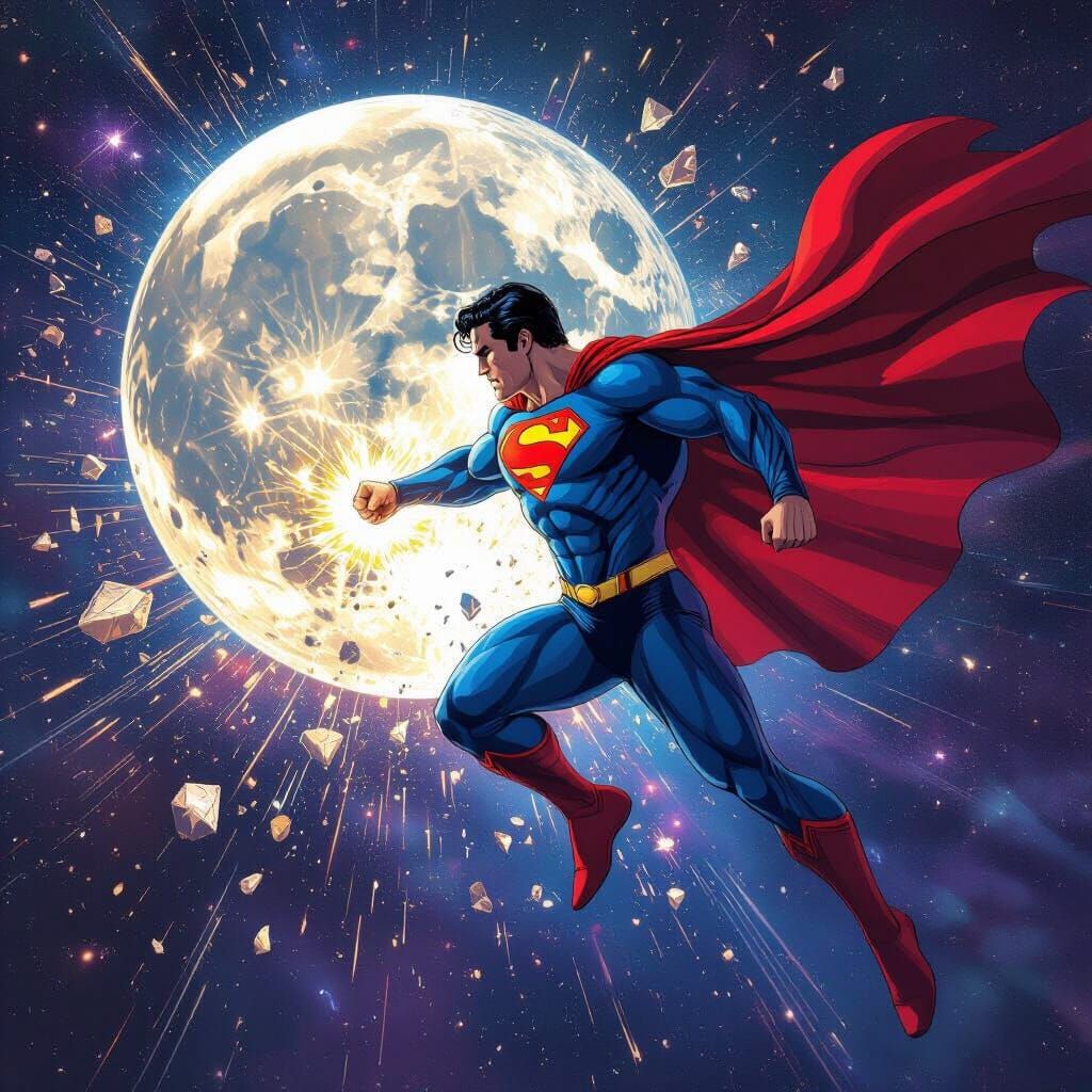 Superman Punches Moon in Cosmic Art Style