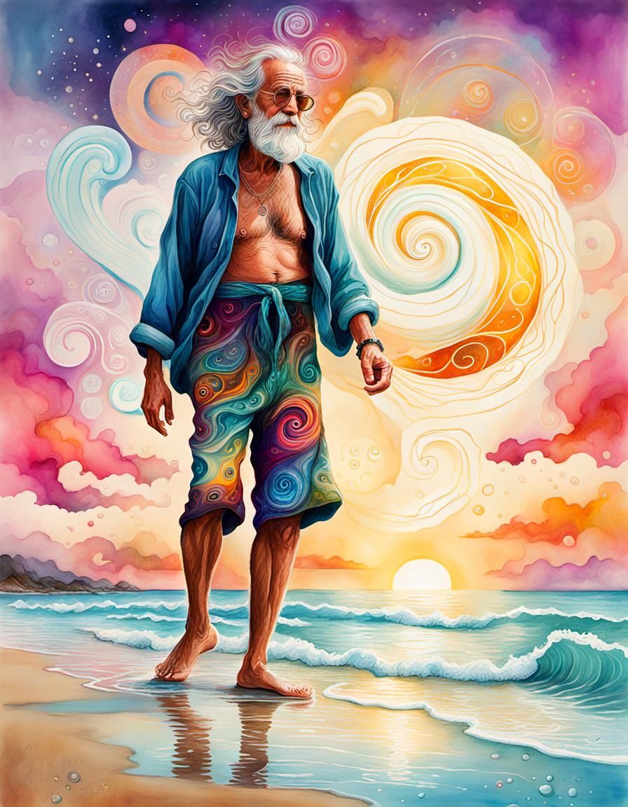 Barefoot Hippie on Beach in Visionary Art Style
