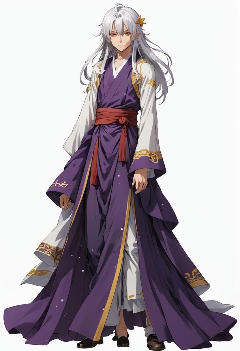 A boy with long, white hair that has strands of red in it. He is wearing a custard-yellow toga with a purple sash. The s...