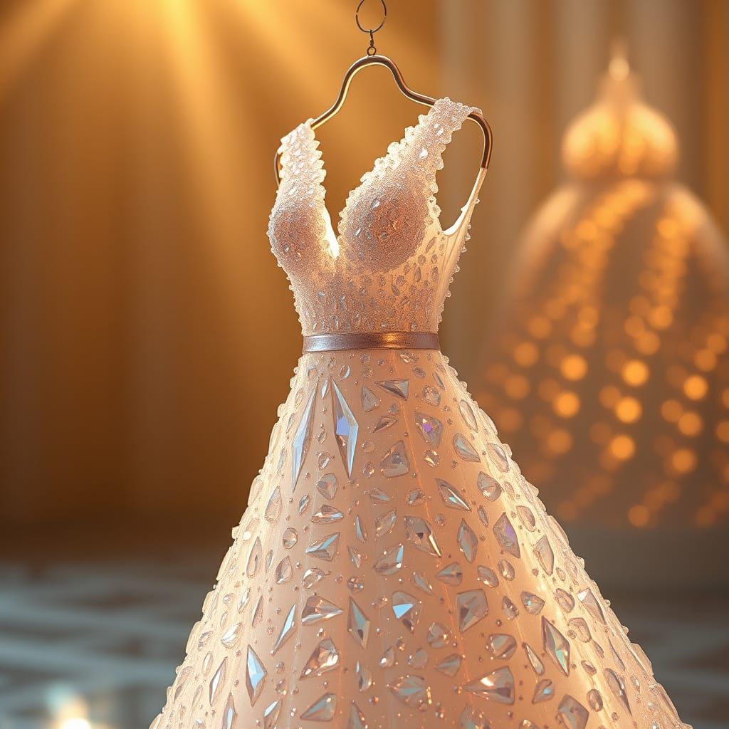 Elegant Crystal Glass Dress Shimmers in Golden Light