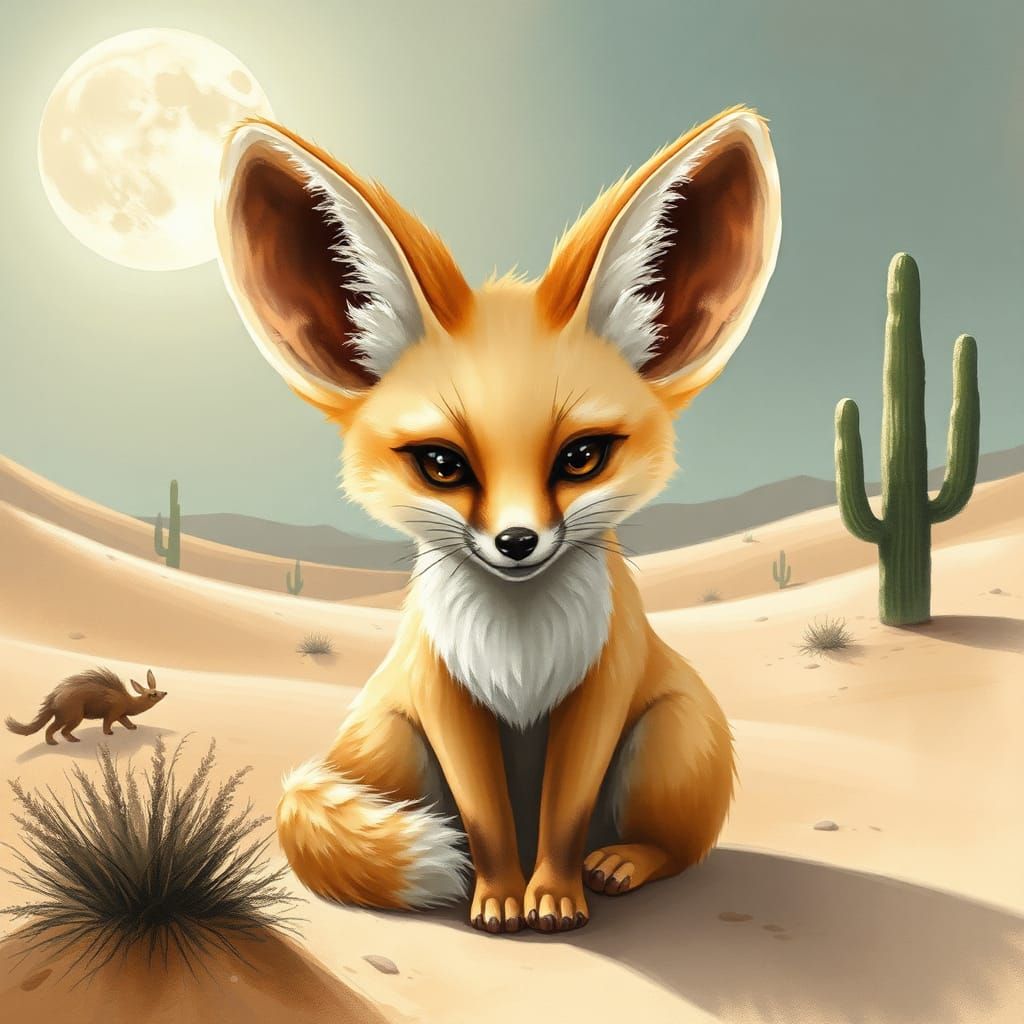 Fennec Fox in Desert Landscape, Classic Wildlife Illustratio...