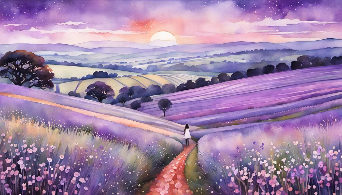 Woman in Lavender Field: Double Exposure Watercolor Illustra...