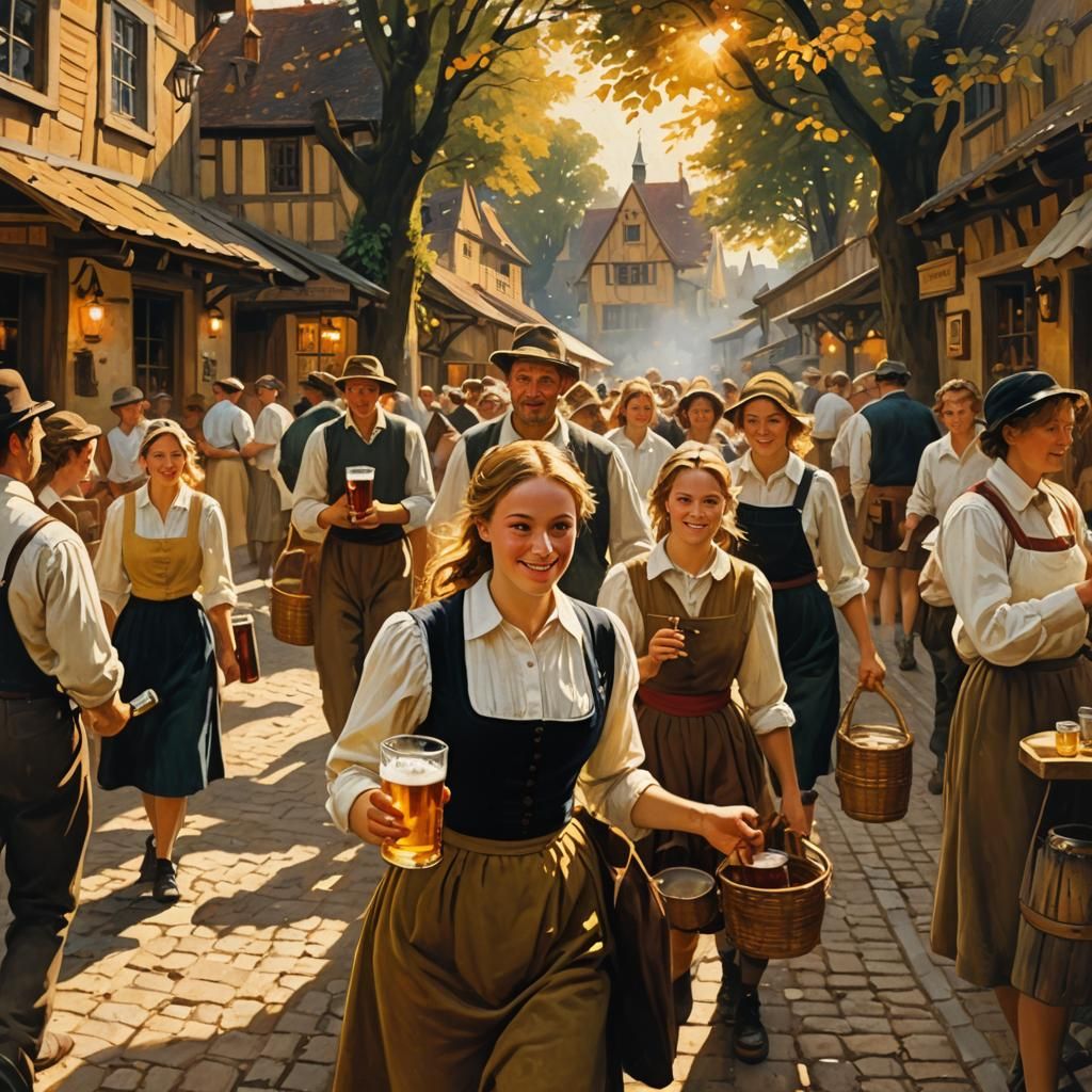 Bavarian Waitress in Beer Garden: Retro Oil Painting