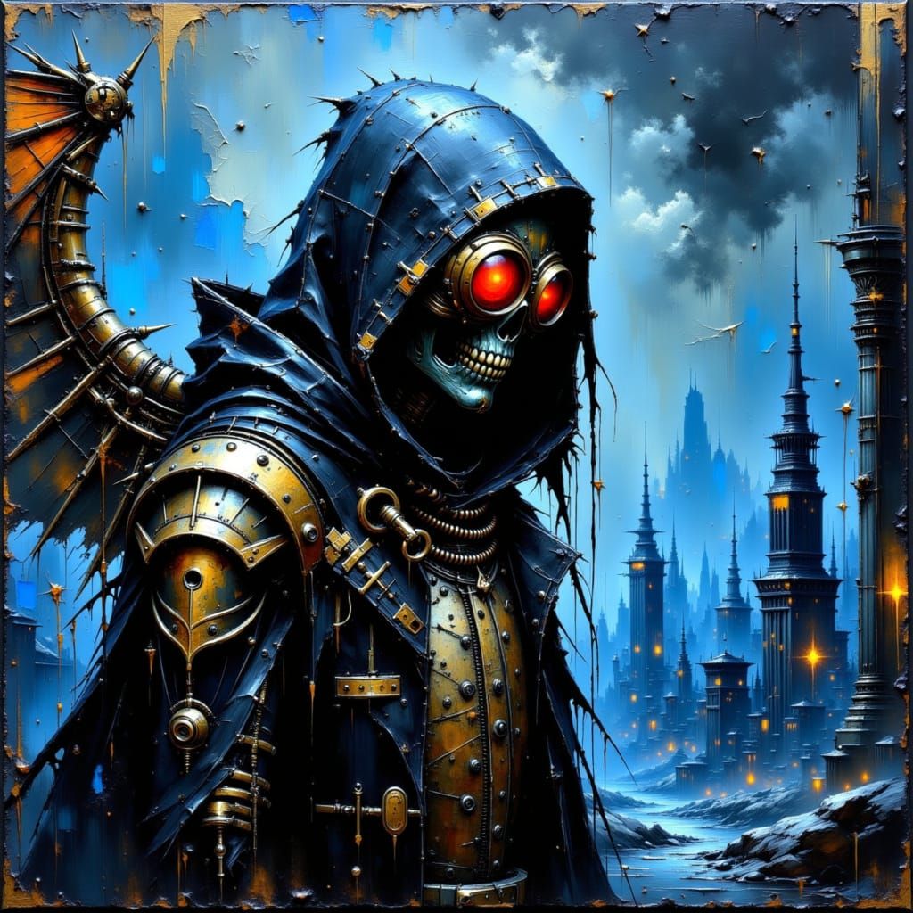 Cyberpunk Reaper in Dystopian Cityscape as Impasto Painting
