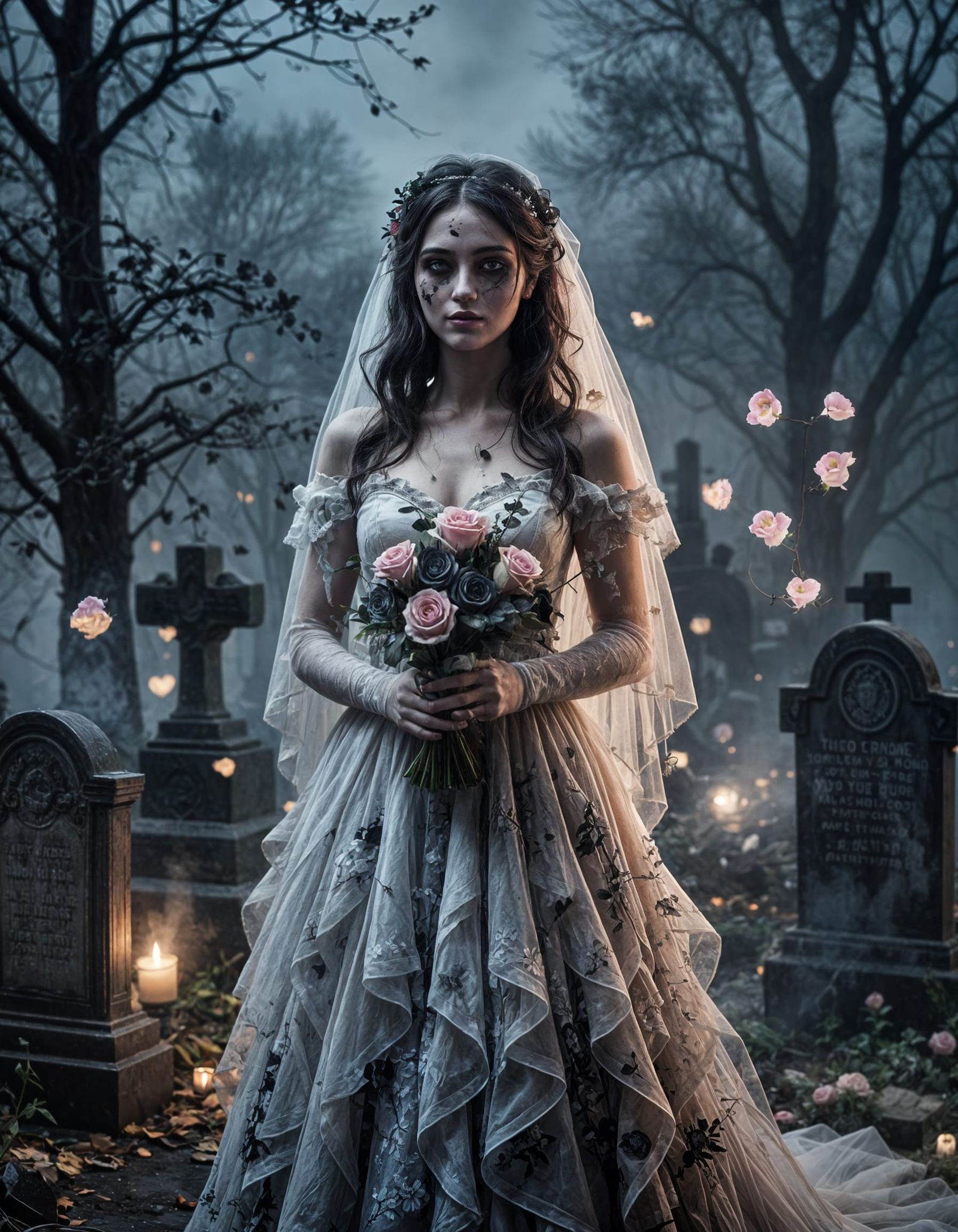 Ghost Bride in Moonlit Graveyard with Smoke Hearts