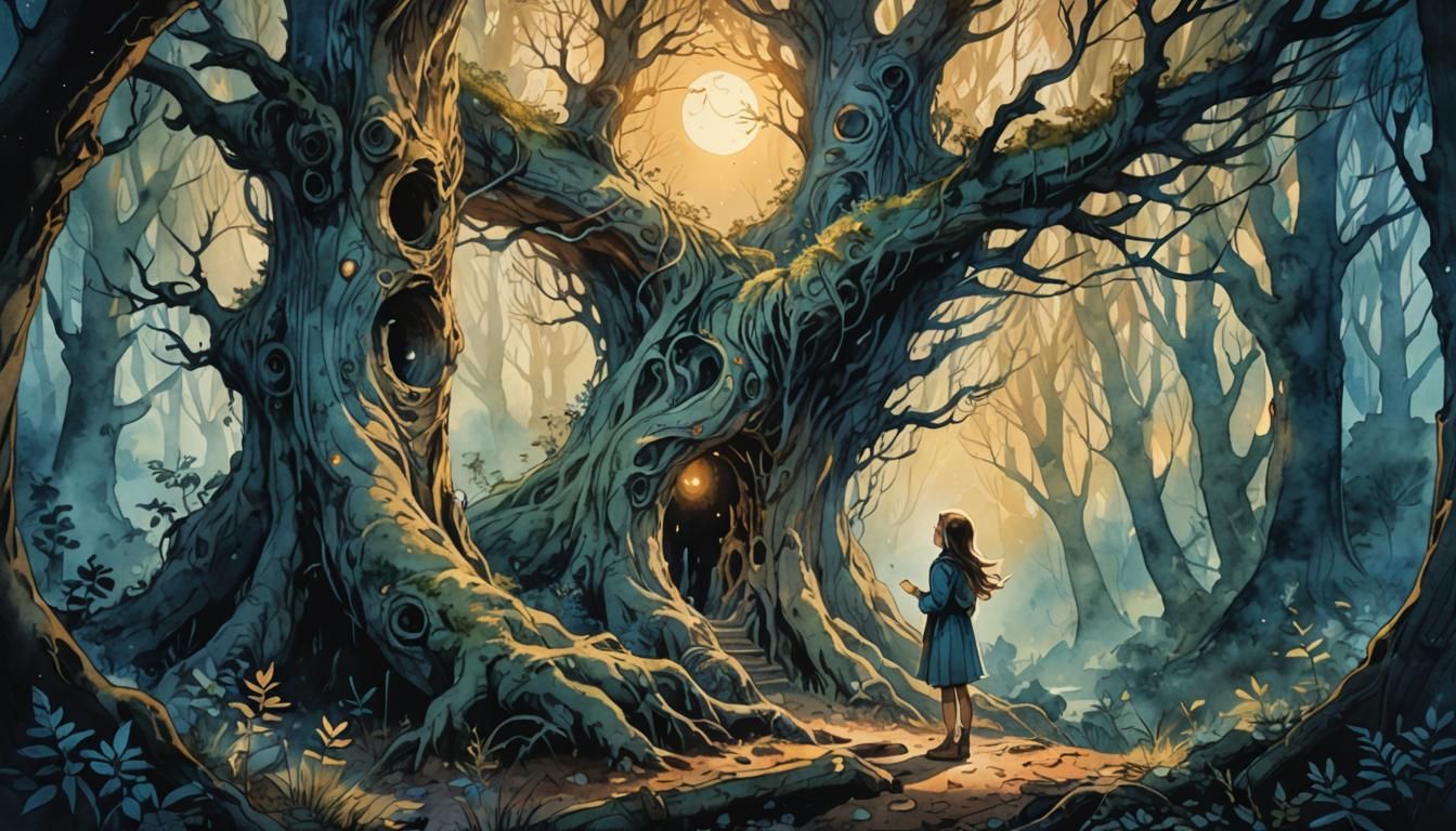 Mystical Girl in Ancient Forest Watercolor