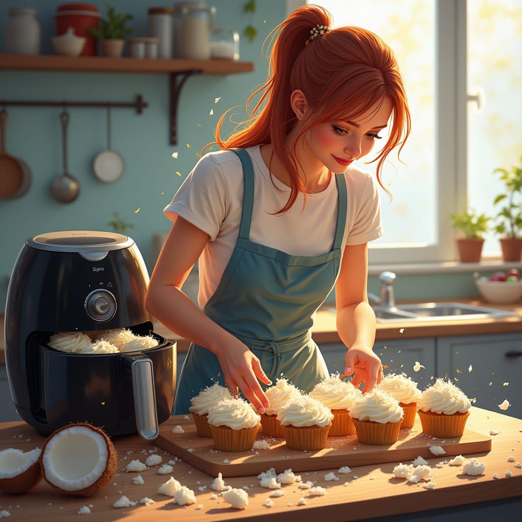 Woman with Coconut Cupcakes, Hyperrealistic Kitchen Art