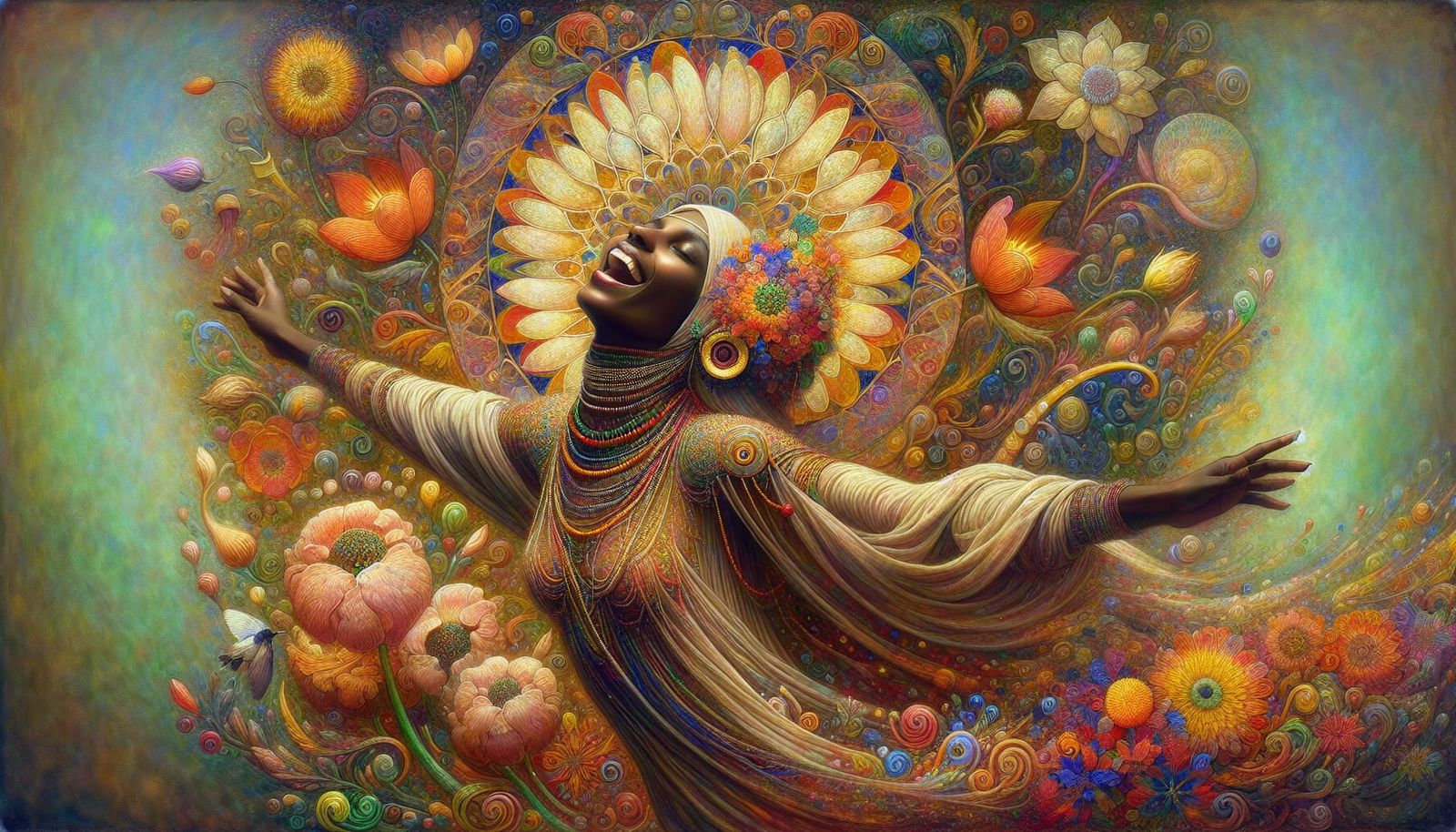 Radiant Joy: A Blooming Portrait in Maximalist Style