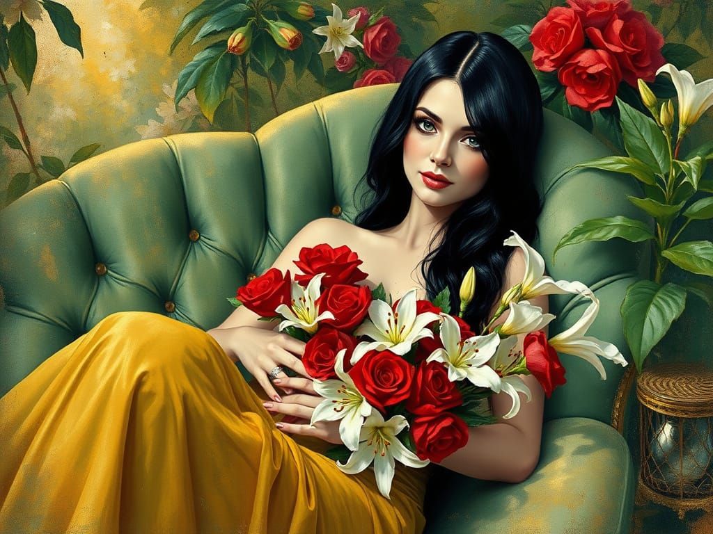 Ethereal Valentine's Day Goddess in Golden Art Nouveau Style