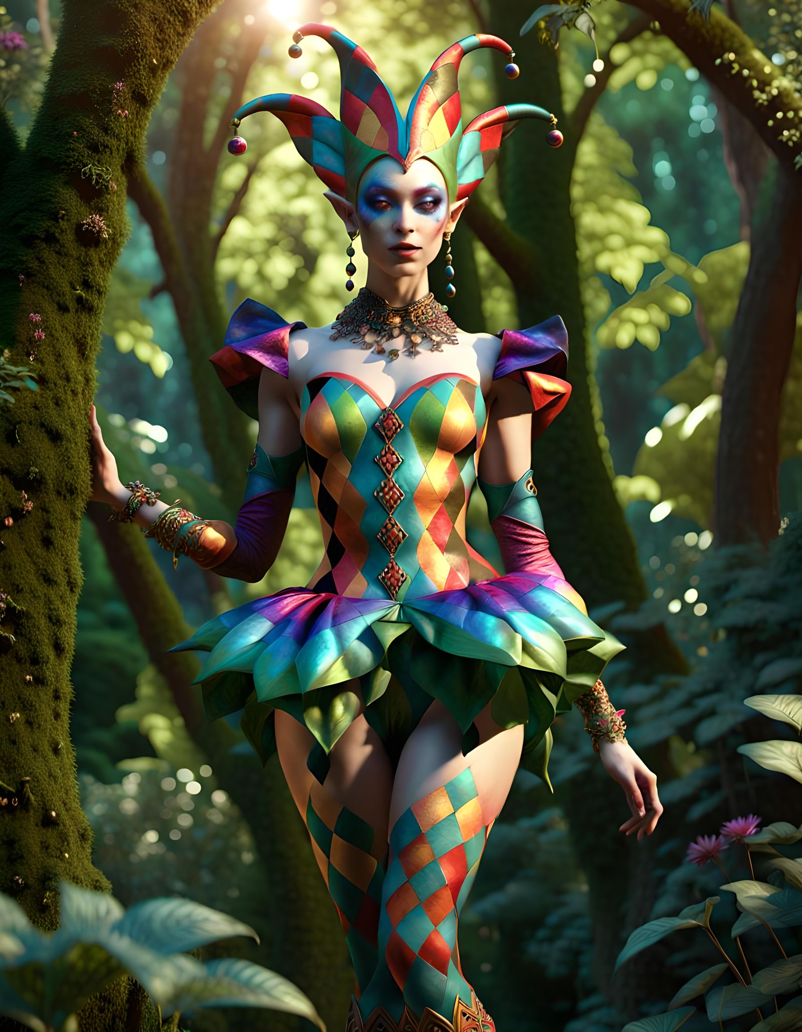 Enchanted Elven Harlequin in Lush Forest, 3D Render