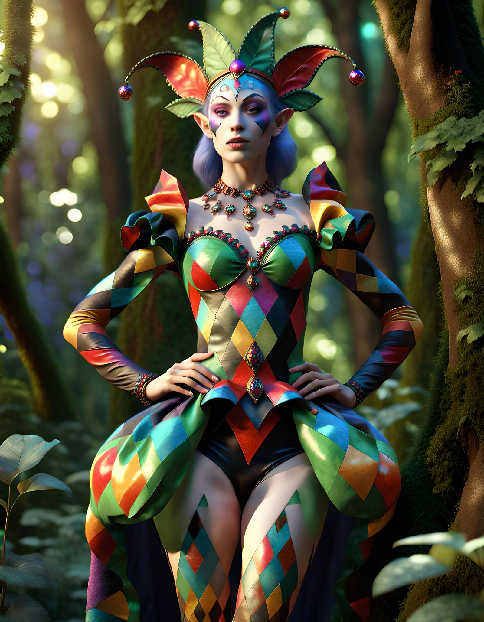 Elven Harlequin in Enchanted Forest: 3D Render