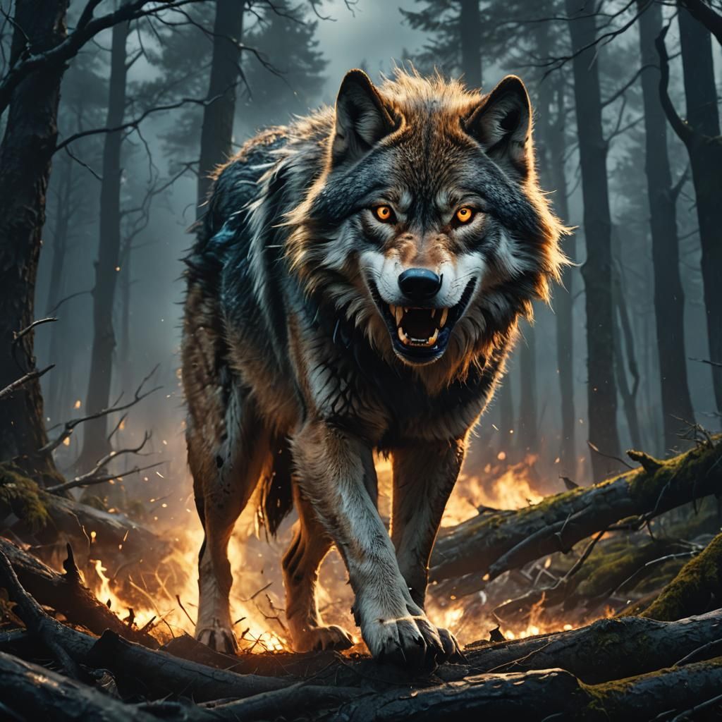 Furious Wolf in Stormy Forest: Cinematic Digital Art