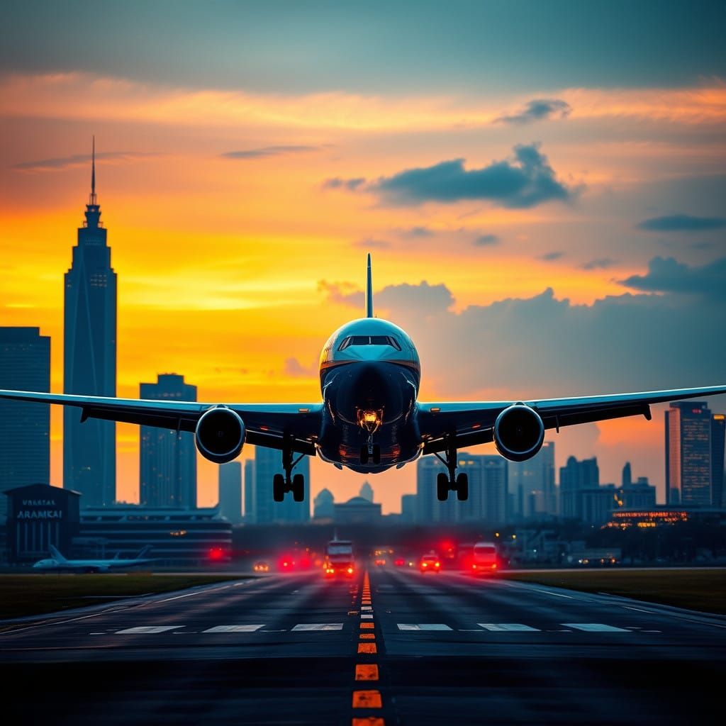 Airliner Descends onto Jakarta Runway at Dusk, Capturing Log...