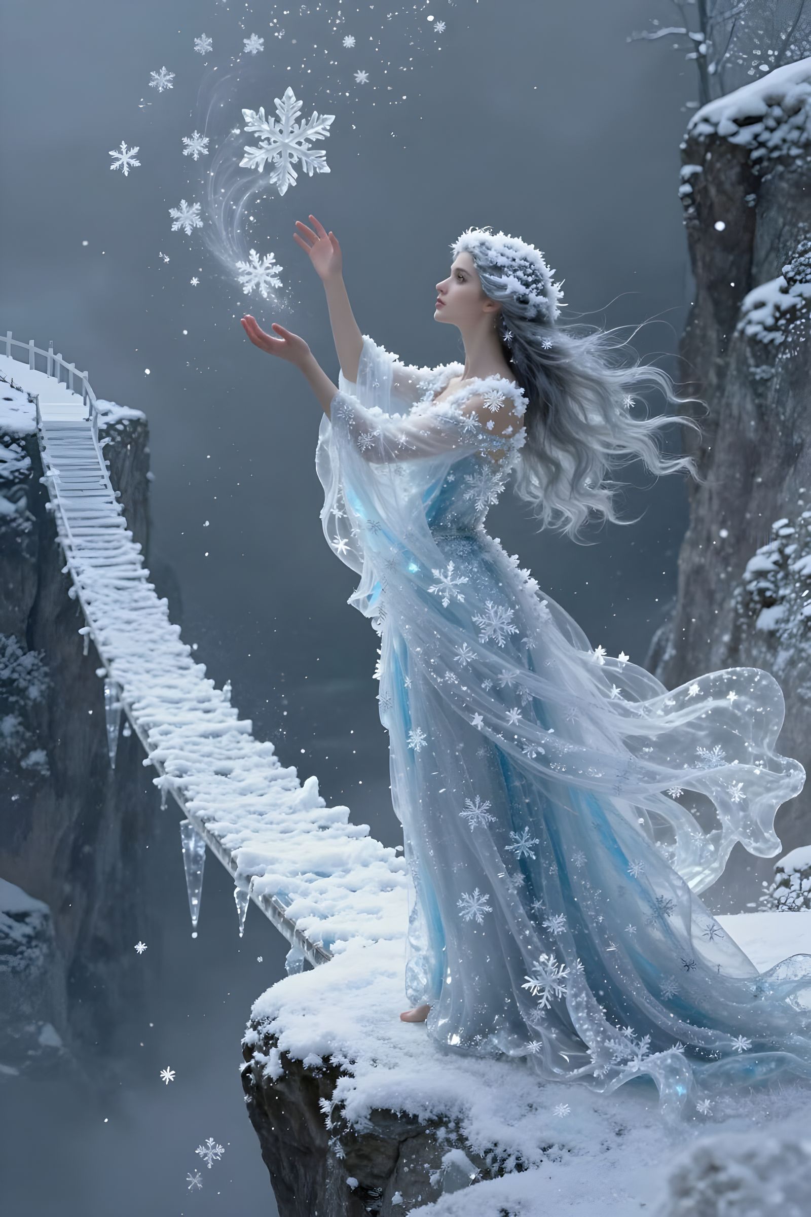 Winter Goddess Creates Snow Bridge in Surreal Fantasy Art