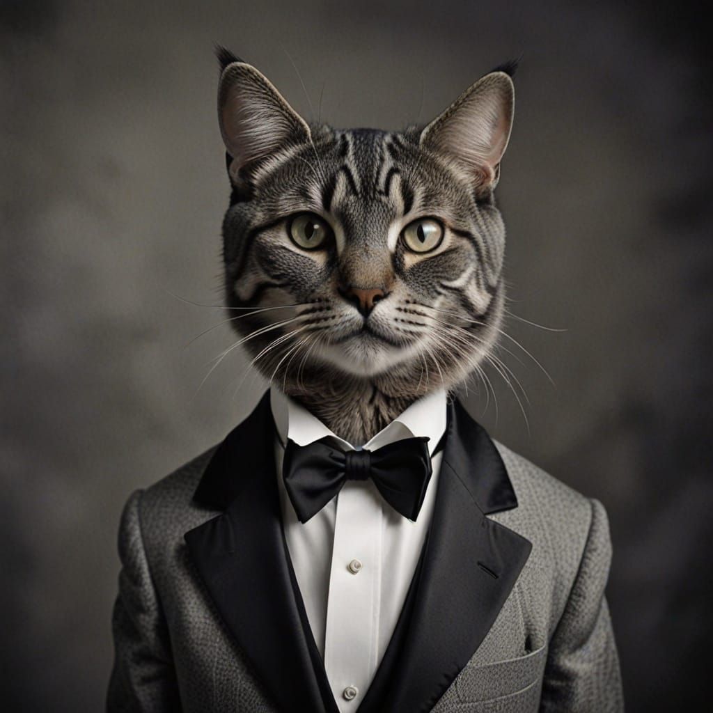 Elegant Gray Tabby Cat in Vintage Tuxedo