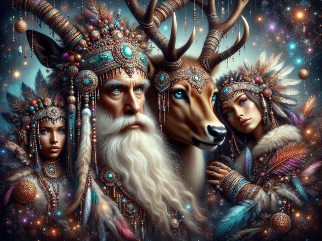 Mystical Santa and Elves in a Whimsical Forest Scene