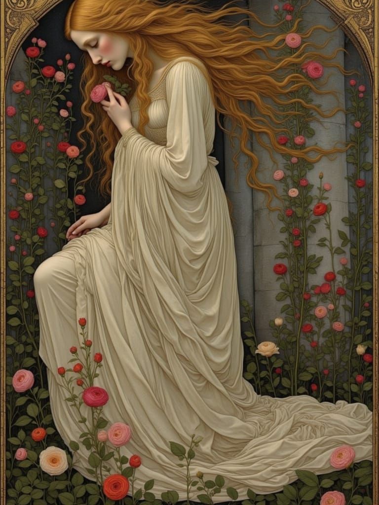 Medieval Maiden with Rose in Castle Garden