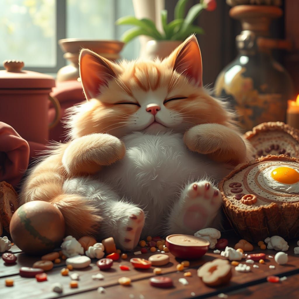 Chubby Cat Surrounded by a Lavish Feast in Whimsical Anime A...