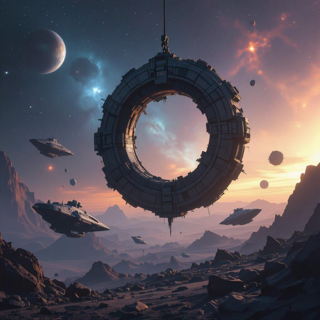Damaged Stargate in Space After War with Derelict Ships