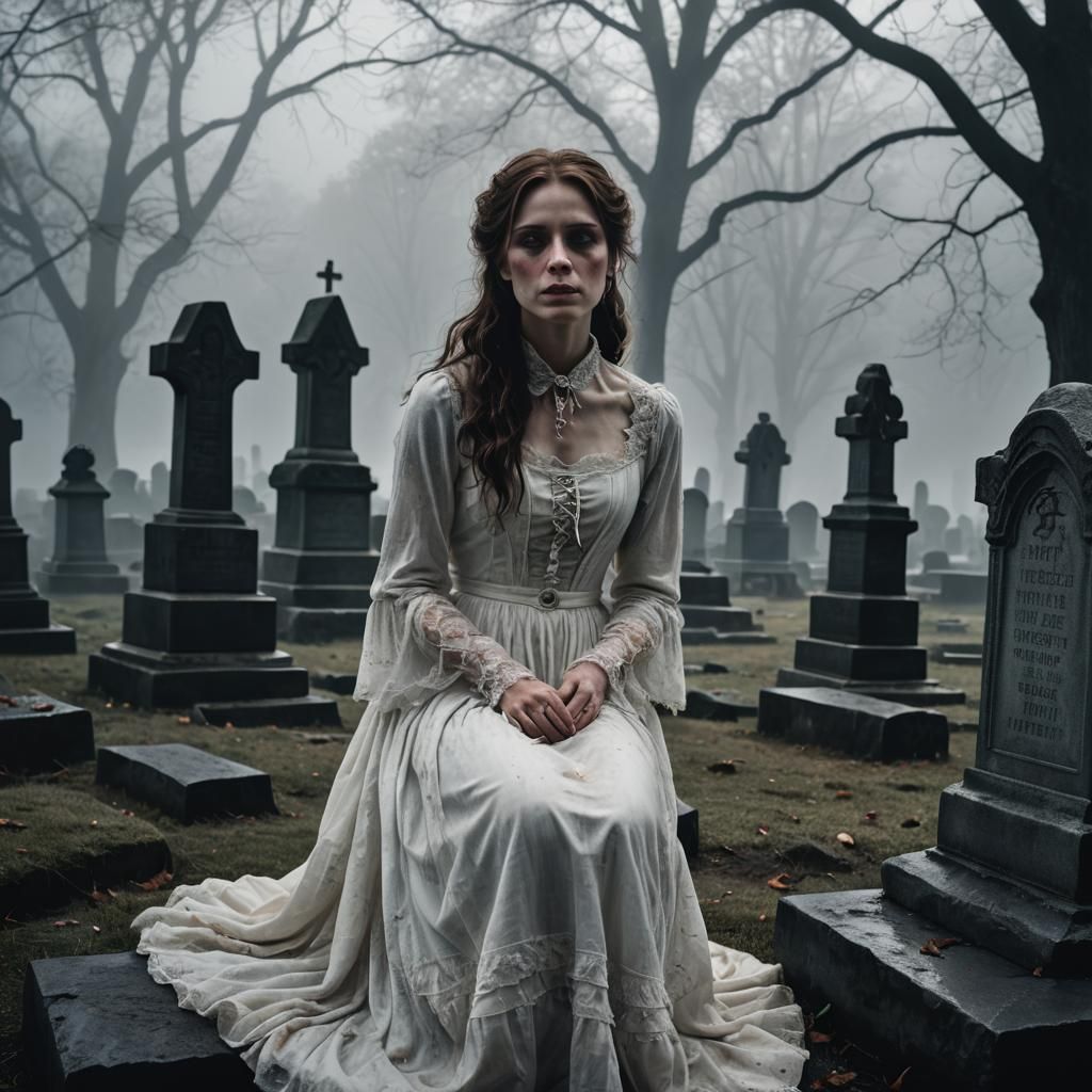 Eerie Victorian Ghost in Foggy Graveyard