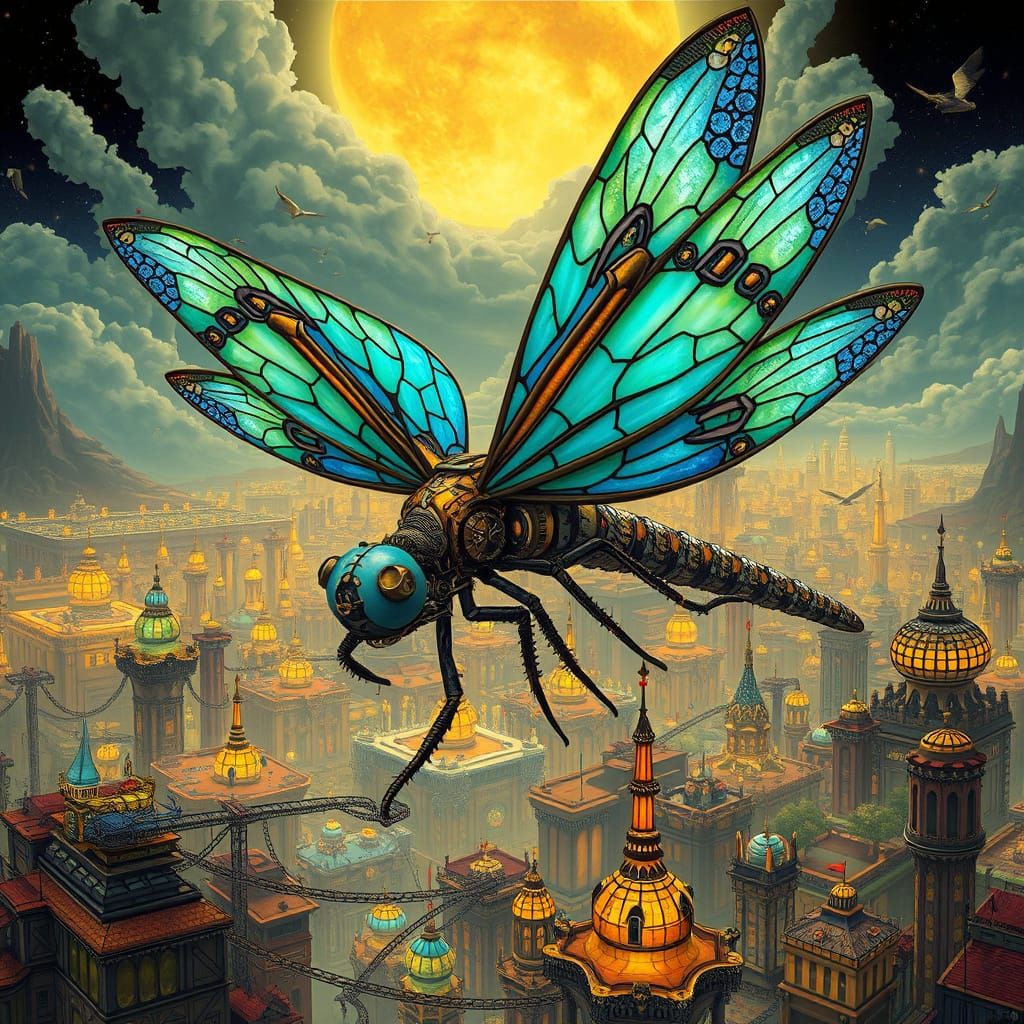Steampunk Dragonfly Soaring Over Alien Metropolis