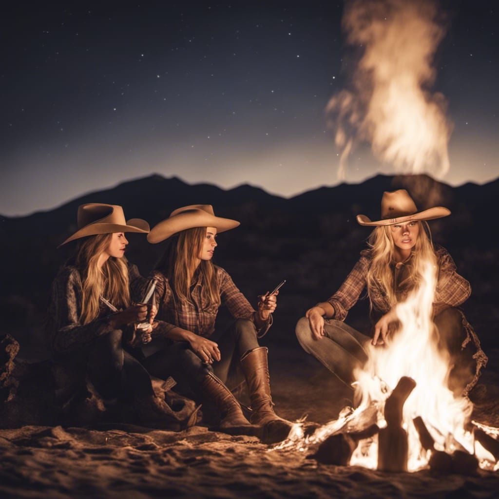 Cowgirls at Campfire in Desert Night: Hyperrealistic
