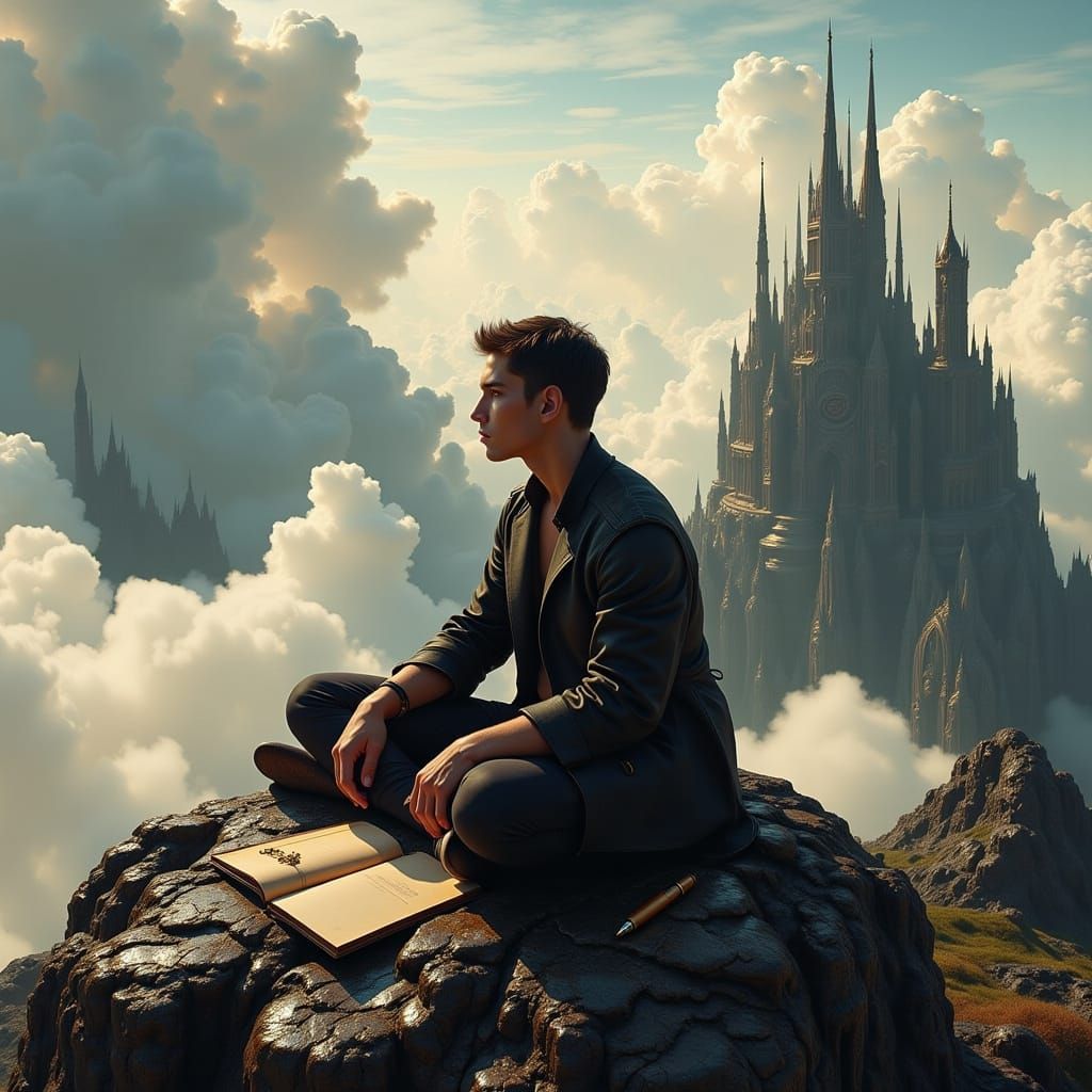 A Young Man's Contemplative Moment in the Misty Mountains