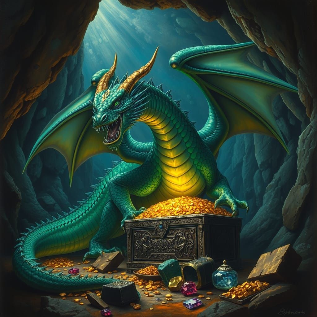 Emerald Dragon Guarding Hoard as Renaissance Painting