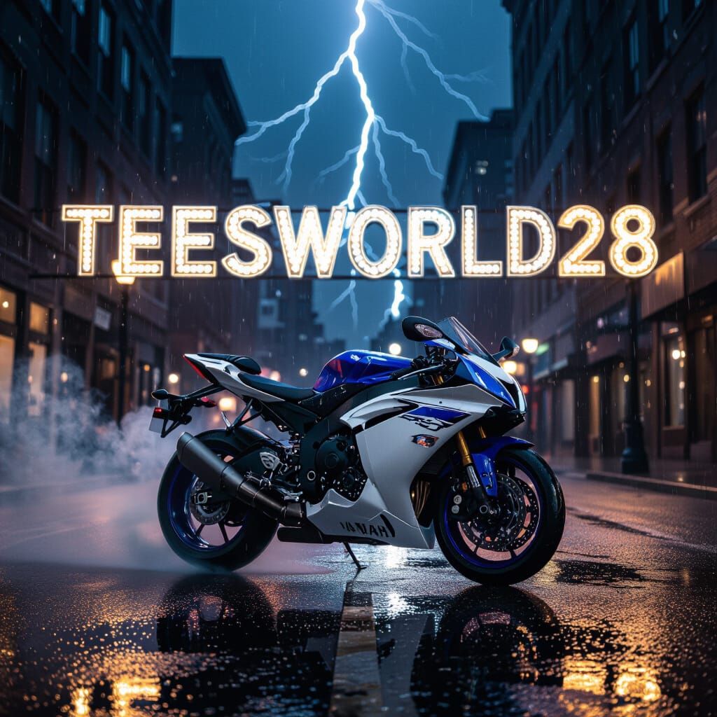 Yamaha R1 Motorcycle on Wet Downtown Street at Night