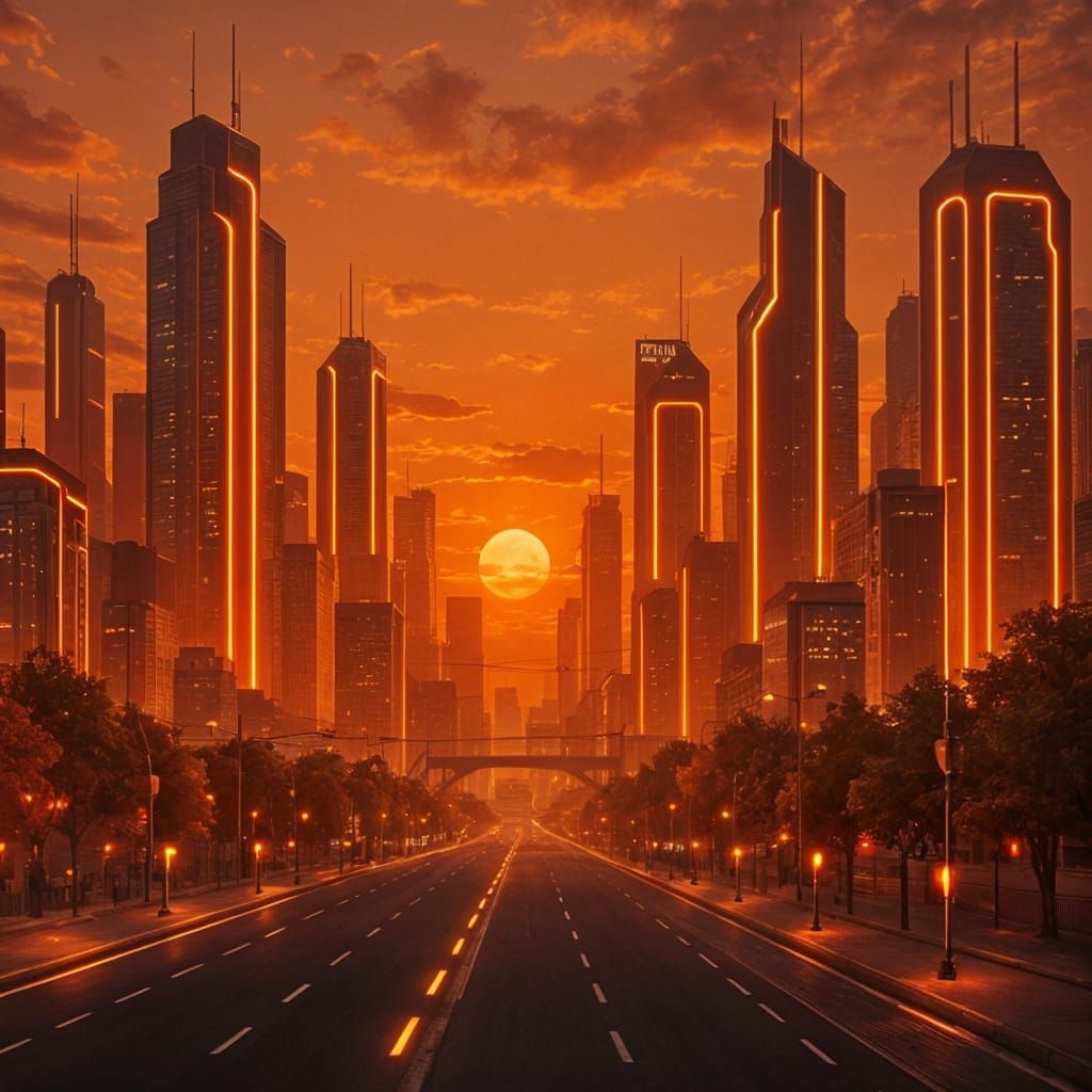 Futuristic City at Sunset with Orange Neon Lights