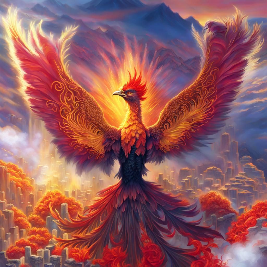 Majestic Phoenix on Volcanic Peak in Watercolor Style