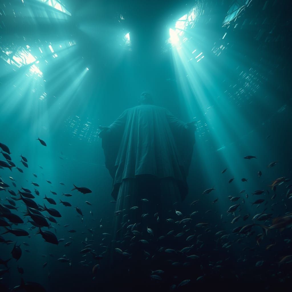 Beneath the Dark Ocean Depths: A Monstrous Statue Looms